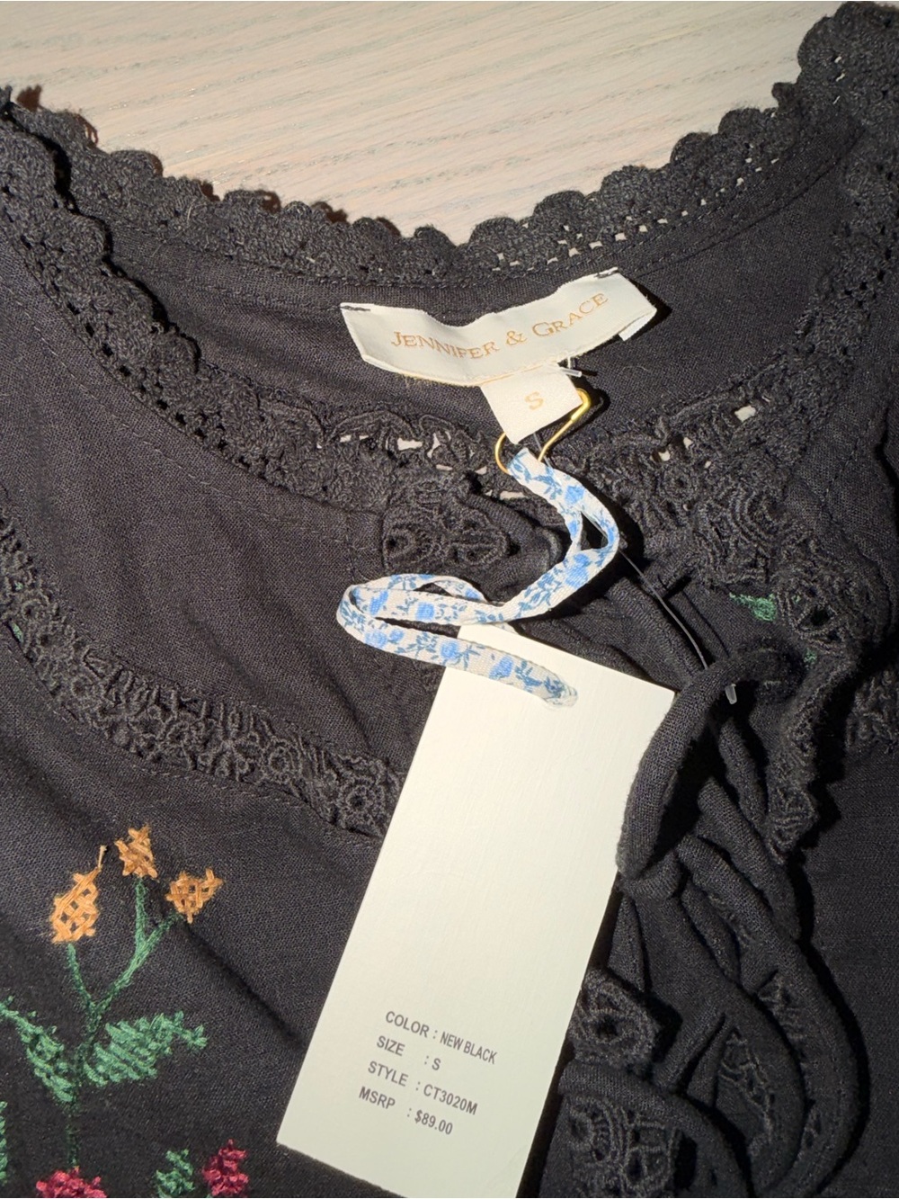 Jennifer & Grace Black Embroidered Peplum Tie-Front Blouse - Picture 4 of 6